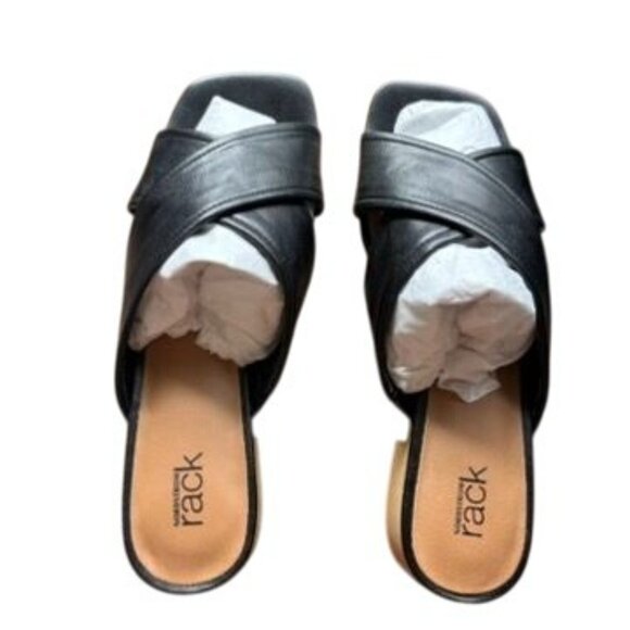 Nordstrom Rack Black Leather Crisscross Open-Toe Slip-On Sandals With Wooden Blo - Picture 4 of 10